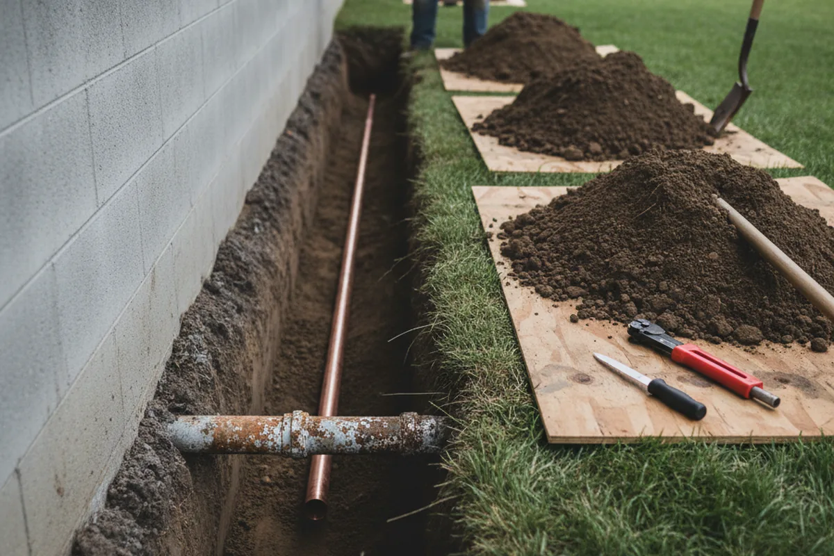 Excavated water line trench during Water Heater Repair in Millwood